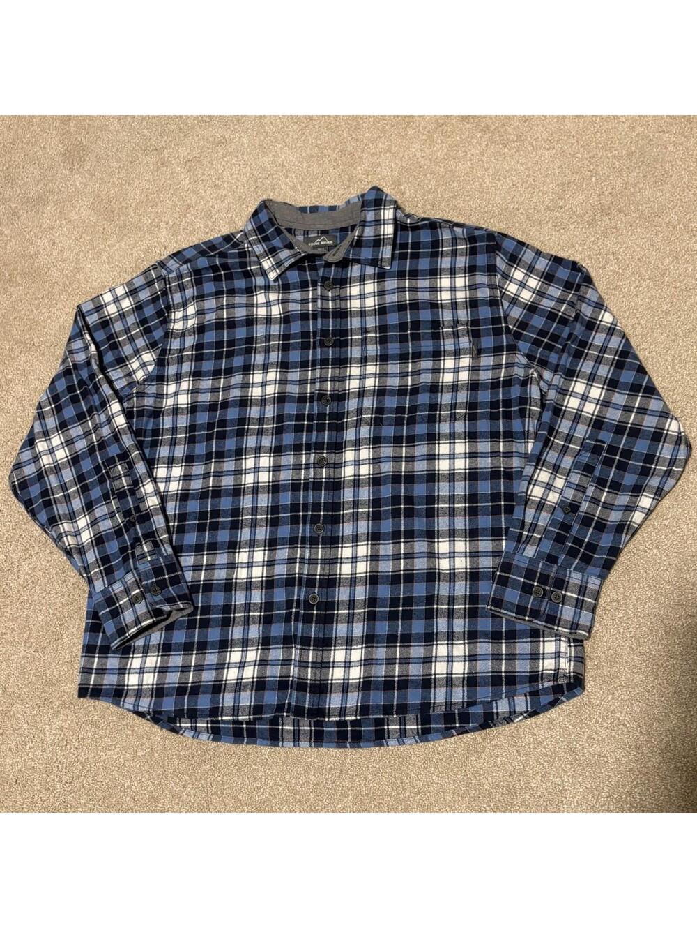 Eddie Bauer Flannel Shirt Mens L Blue White Plaid Button Down 100% Cotton